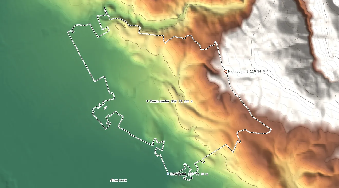 Topographic elevation map of East Foothills, California, shaded from 180 ft on the south side to 1,120 ft at the foot of the Los Buellis Hills