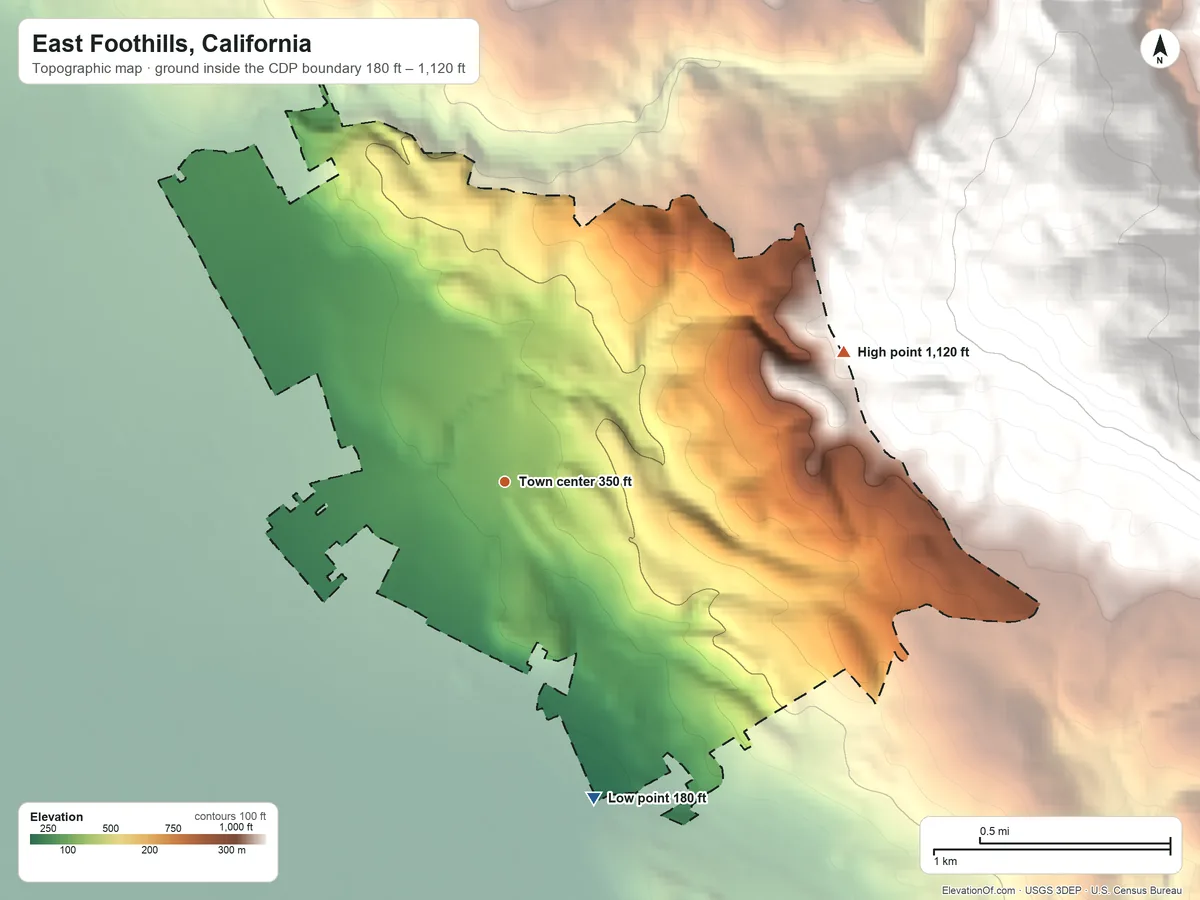 Topographic elevation map of East Foothills, California, shaded from 180 ft on the south side to 1,120 ft at the foot of the Los Buellis Hills