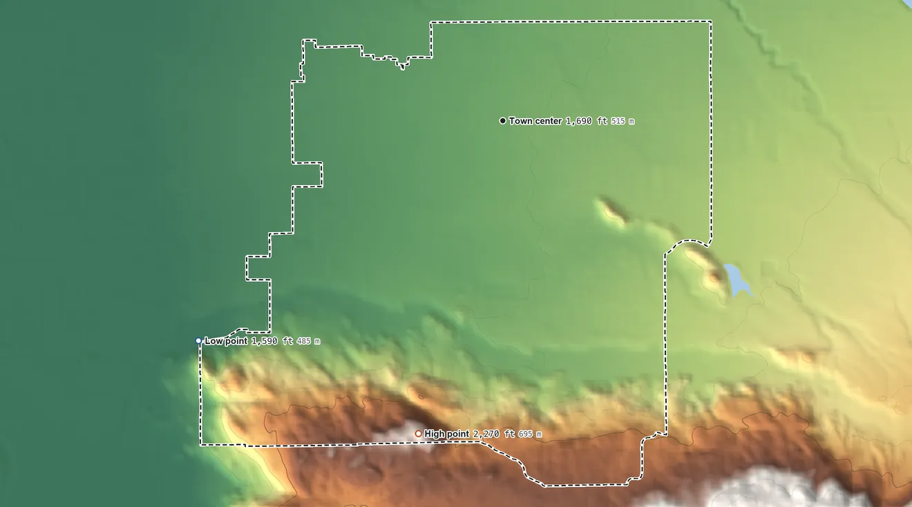 Topographic elevation map of East Hemet, California, shaded from 1,590 ft on the southwest side to 2,270 ft at the foot of the Santa Rosa Hills