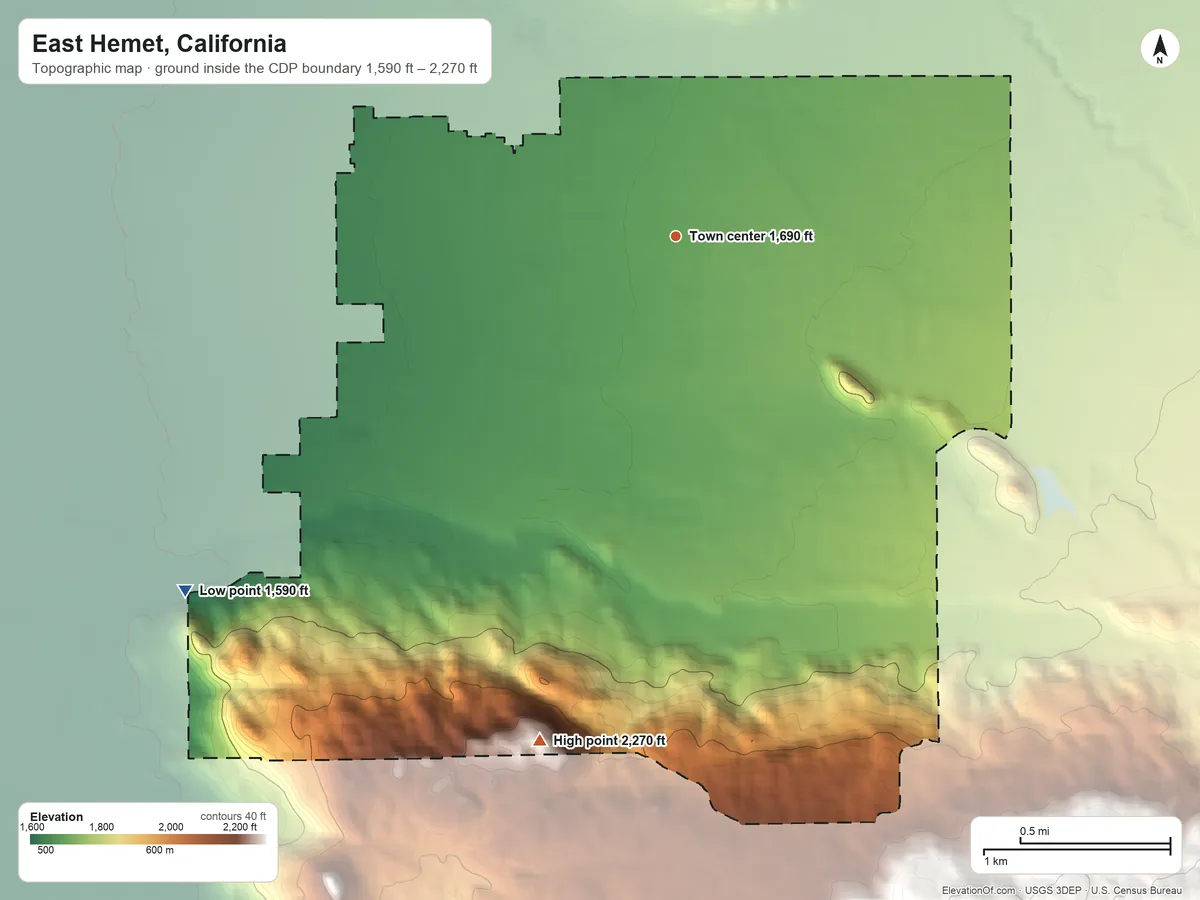 Topographic elevation map of East Hemet, California, shaded from 1,590 ft on the southwest side to 2,270 ft at the foot of the Santa Rosa Hills