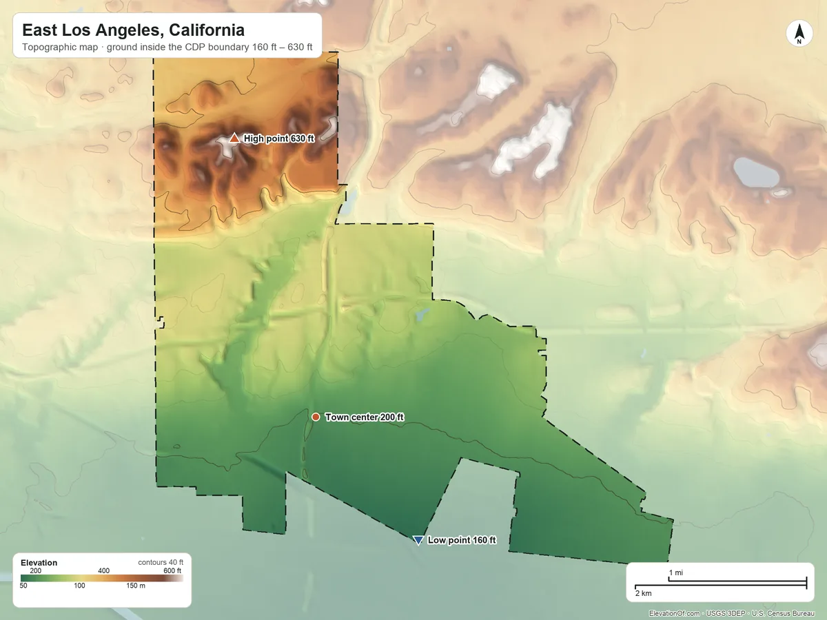 Topographic elevation map of East Los Angeles, California, shaded from 160 ft on the southeast side to 630 ft on the north side