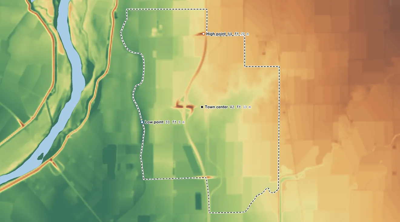 Topographic elevation map of East Nicolaus, California, shaded from 31 ft on the west side to 64 ft on the north side