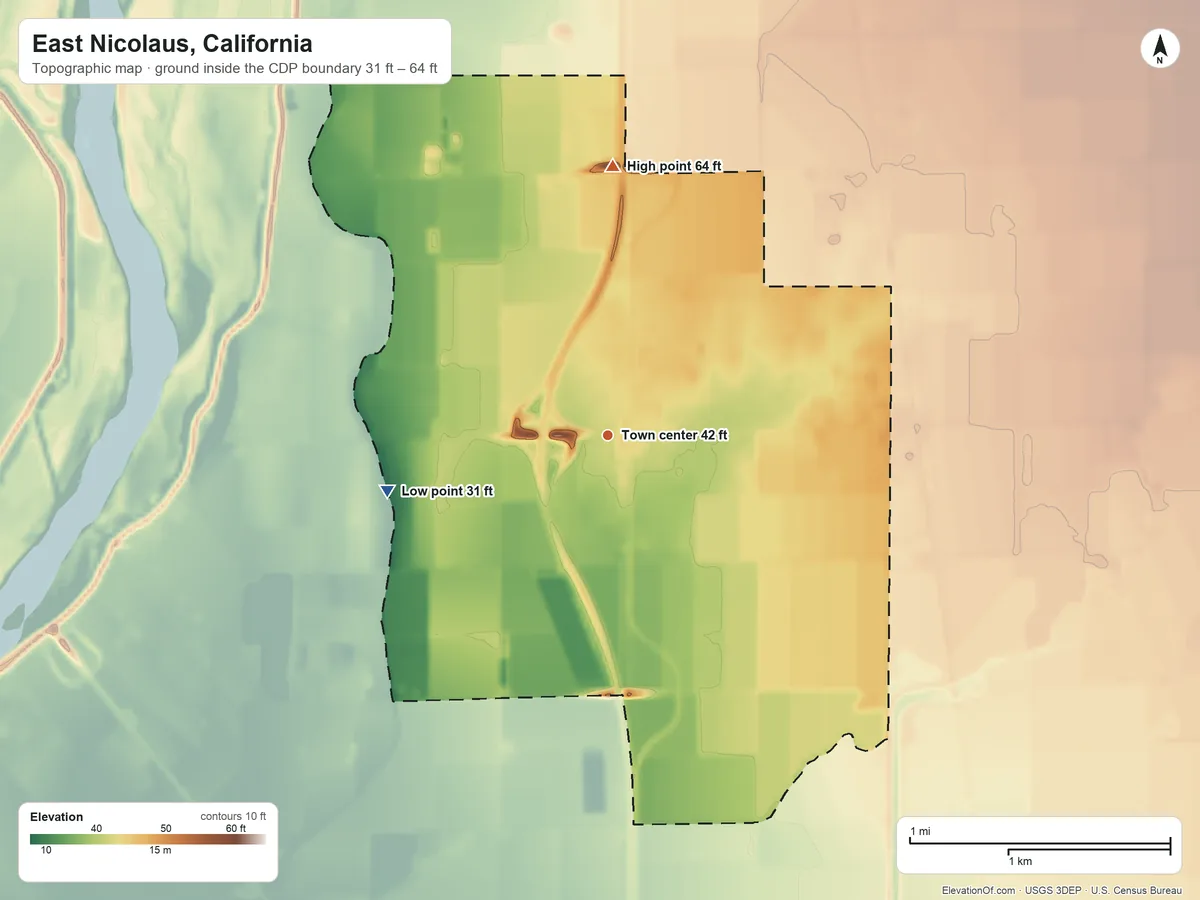 Topographic elevation map of East Nicolaus, California, shaded from 31 ft on the west side to 64 ft on the north side