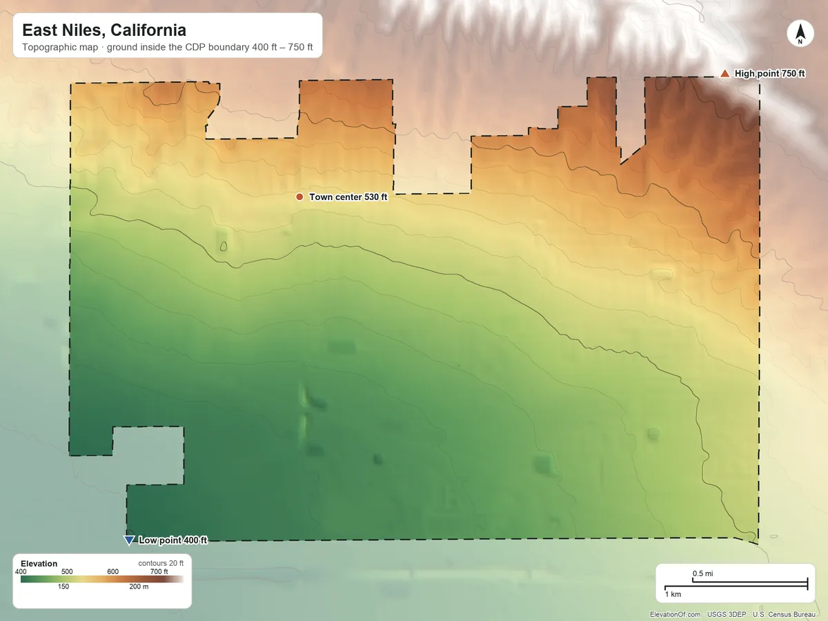 Topographic elevation map of East Niles, California, shaded from 400 ft on the southwest side to 750 ft on the east side