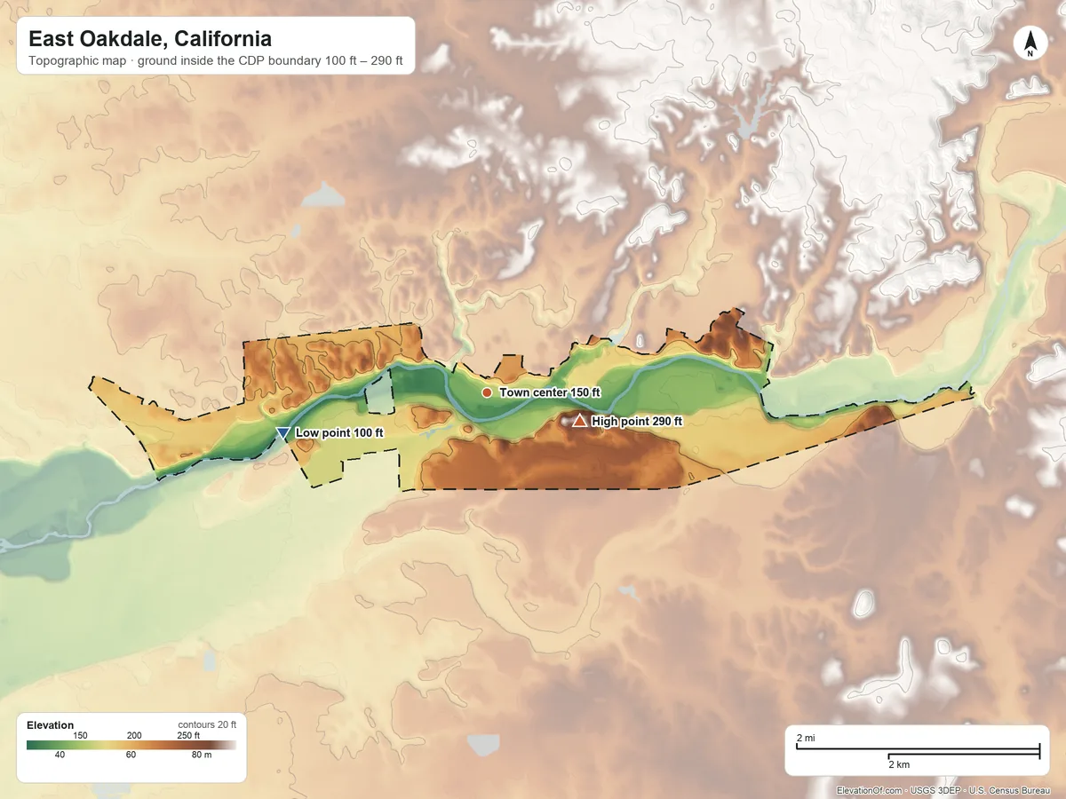 Topographic elevation map of East Oakdale, California, shaded from 100 ft on the west side to 290 ft on the east side