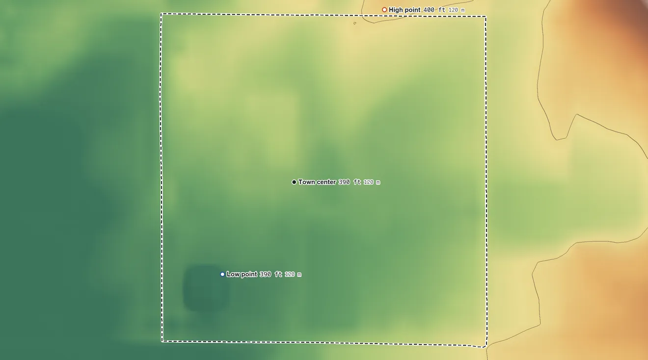 Topographic elevation map of East Orosi, California, shaded from 390 ft on the southwest side to 400 ft at the foot of the Venice Hills