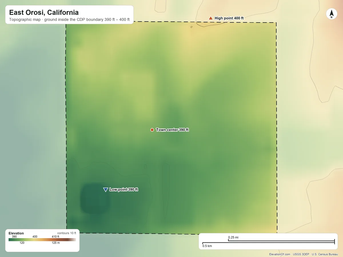 Topographic elevation map of East Orosi, California, shaded from 390 ft on the southwest side to 400 ft at the foot of the Venice Hills