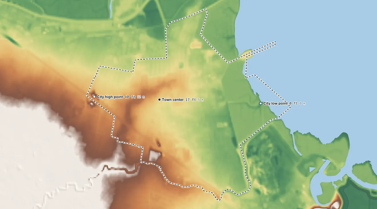 Topographic elevation map of East Palo Alto, California, shaded from sea level level on San Francisco Bay to 40 ft on the west side