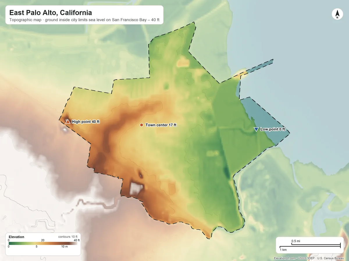 Topographic elevation map of East Palo Alto, California, shaded from sea level level on San Francisco Bay to 40 ft on the west side