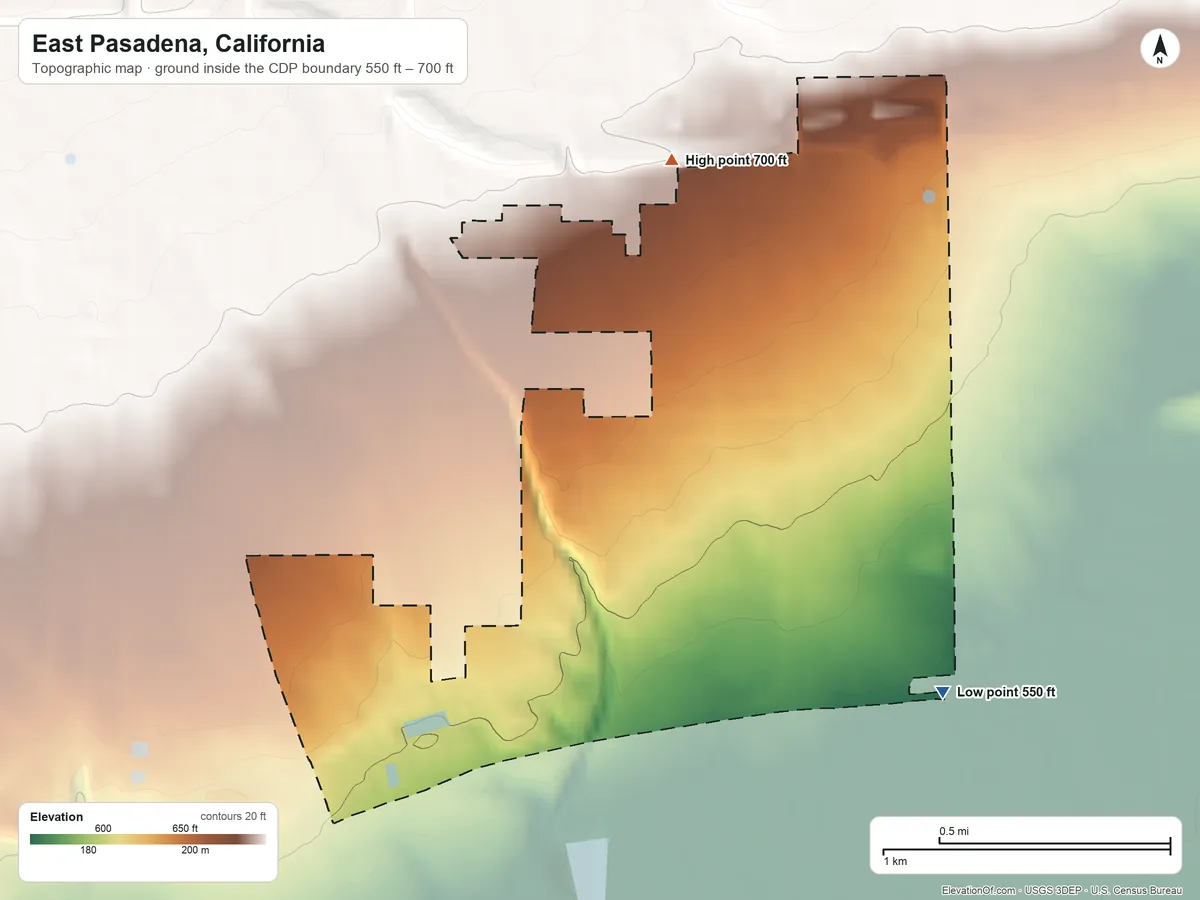 Topographic elevation map of East Pasadena, California, shaded from 550 ft on the southeast side to 700 ft at the foot of the San Rafael Hills
