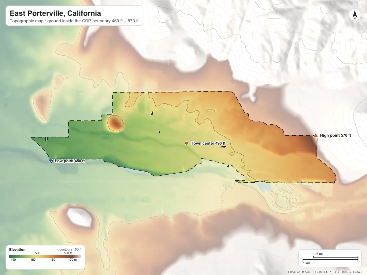 Topographic elevation map of East Porterville, California, shaded from 450 ft on the west side to 570 ft on the east edge, below higher ground just outside