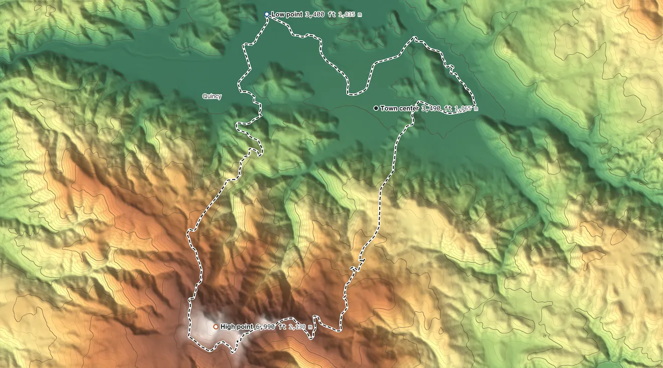 Topographic elevation map of East Quincy, California, shaded from 3,400 ft on the northwest side to 6,990 ft on Claremont