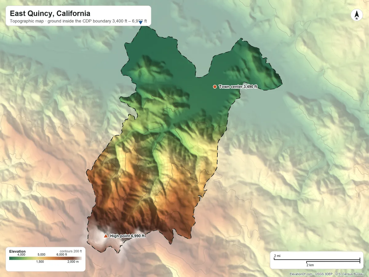 Topographic elevation map of East Quincy, California, shaded from 3,400 ft on the northwest side to 6,990 ft on Claremont