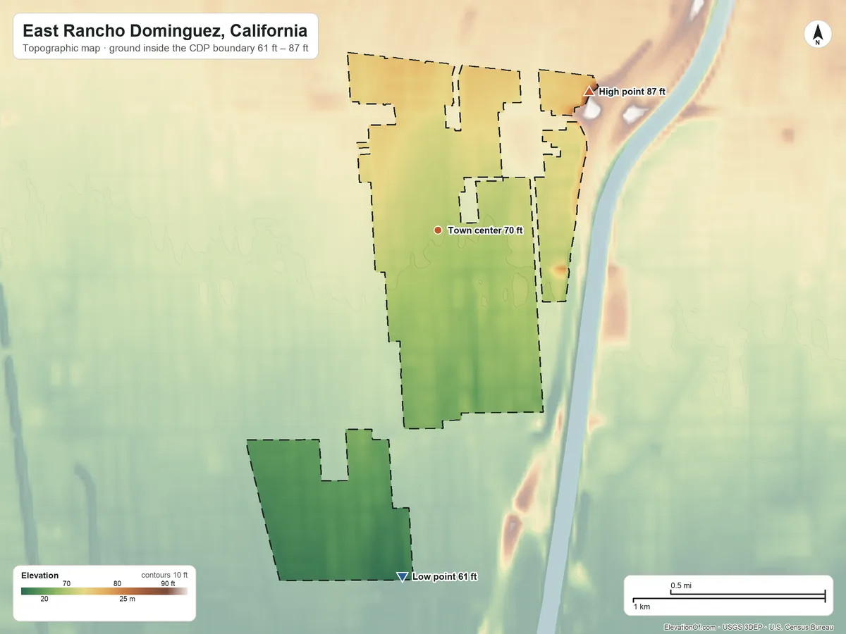 Topographic elevation map of East Rancho Dominguez, California, shaded from 61 ft on the south side to 87 ft on the northeast side