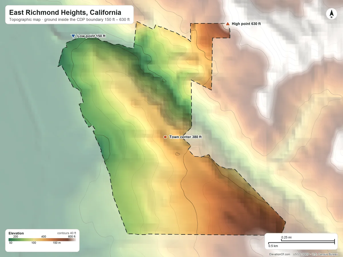 Topographic elevation map of East Richmond Heights, California, shaded from 150 ft on the northwest side to 630 ft at the foot of the Black Hills