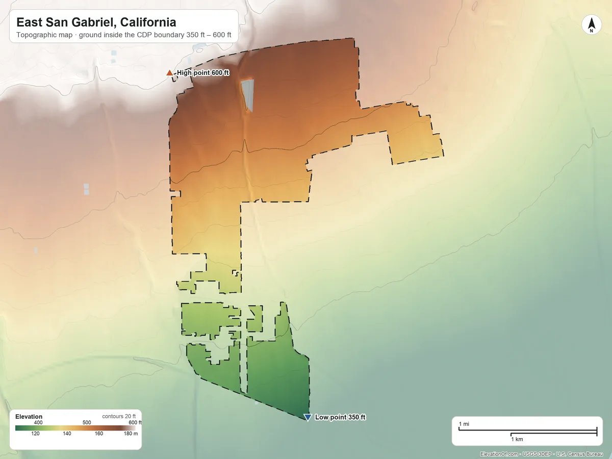 Topographic elevation map of East San Gabriel, California, shaded from 350 ft on the south side to 600 ft on the northwest side