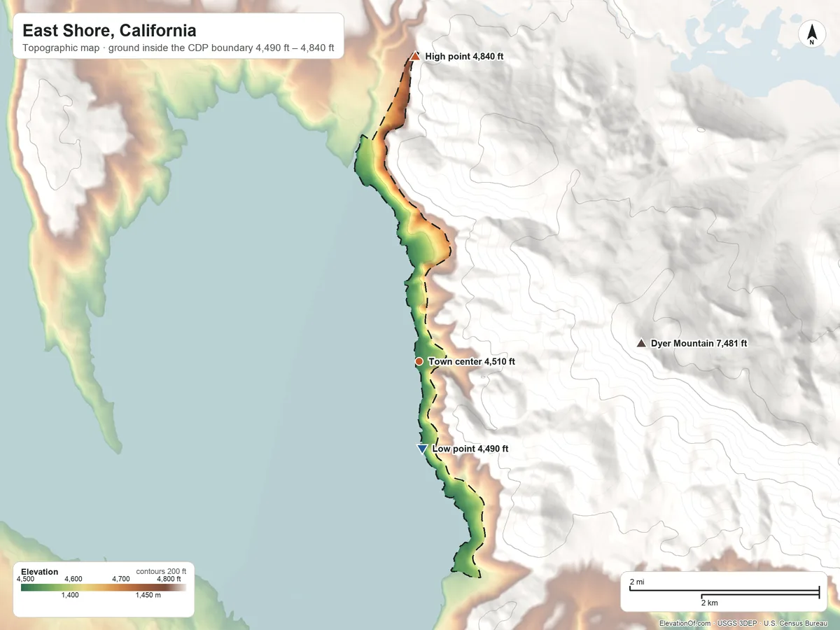 Topographic elevation map of East Shore, California, shaded from 4,490 ft on the south side to 4,840 ft on the north edge, below higher ground just outside