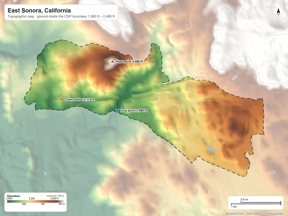 Topographic elevation map of East Sonora, California, shaded from 1,980 ft on the east side to 2,480 ft at the foot of the Red Hills