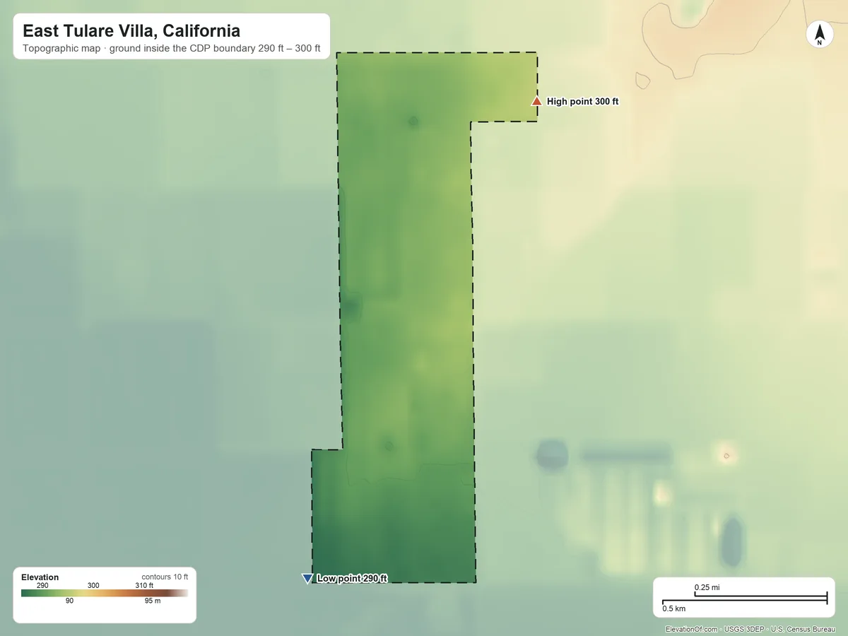 Topographic elevation map of East Tulare Villa, California, shaded from 290 ft on the south side to 300 ft on the northeast side
