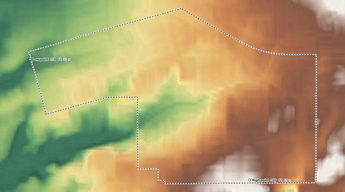 Topographic elevation map of East Whittier, California, shaded from 210 ft on the west side to 300 ft on the southeast side
