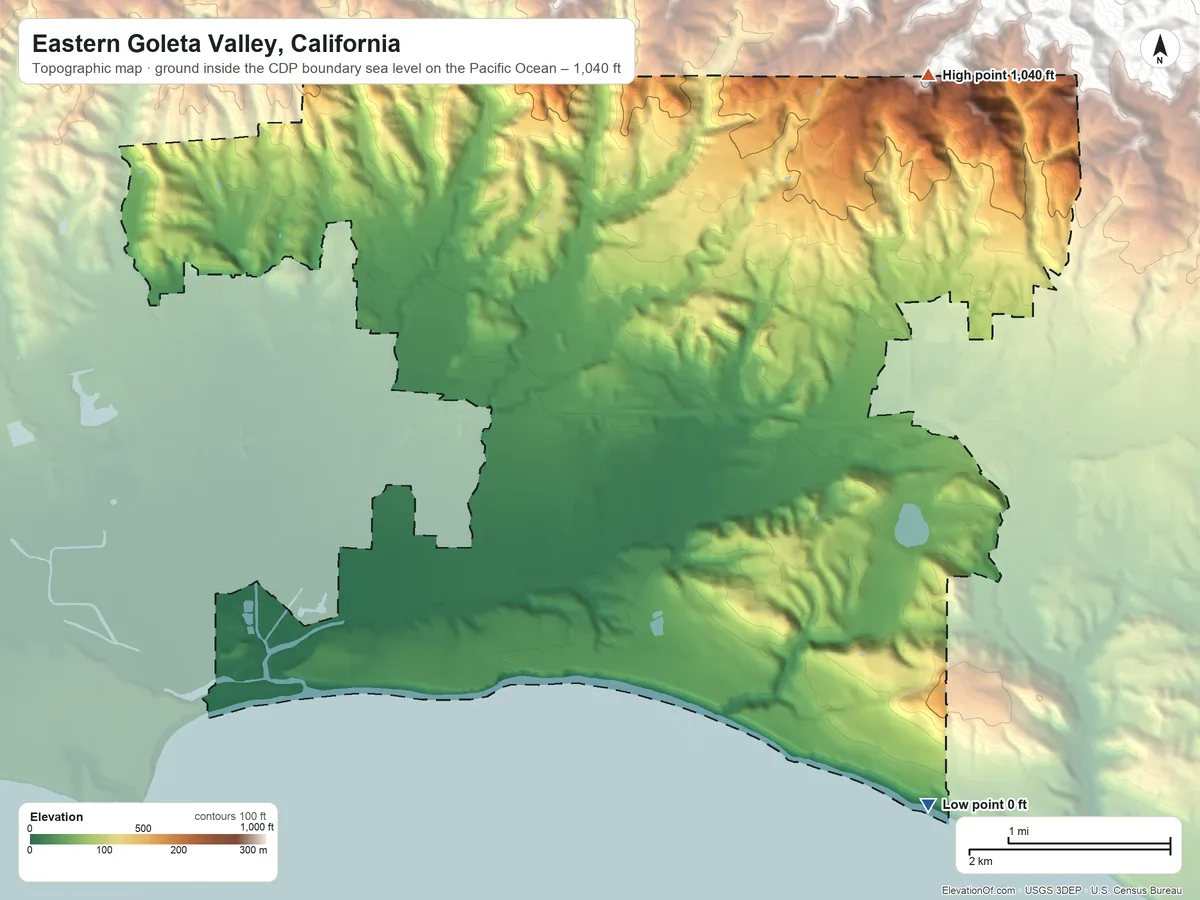 Topographic elevation map of Eastern Goleta Valley, California, shaded from sea level level on the Pacific Ocean to 1,040 ft on the northeast edge, below higher ground just outside