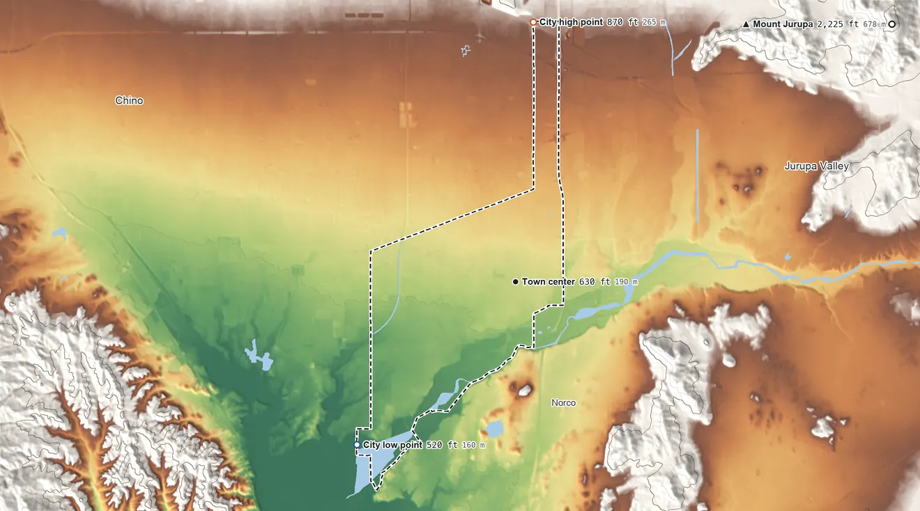 Topographic elevation map of Eastvale, California, shaded from 520 ft on the southwest side to 870 ft on the north side