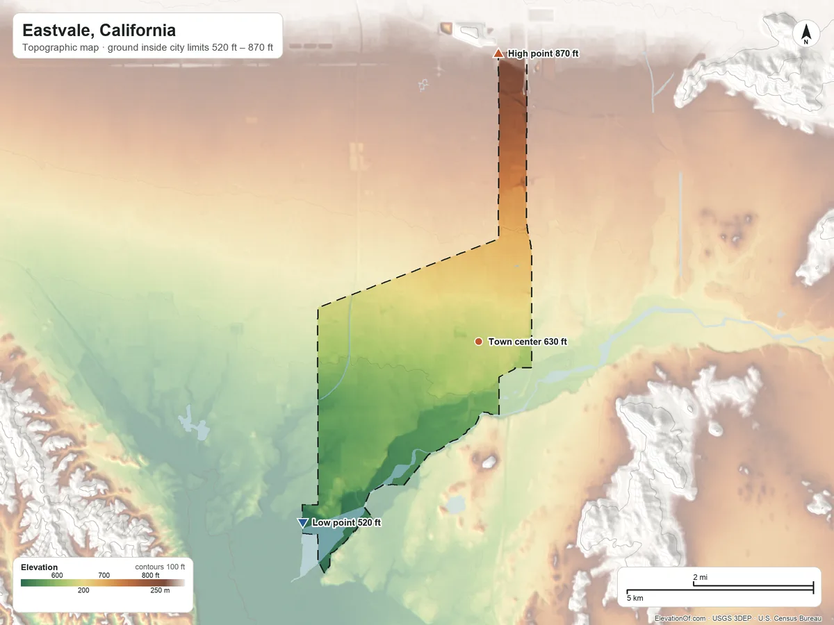Topographic elevation map of Eastvale, California, shaded from 520 ft on the southwest side to 870 ft on the north side