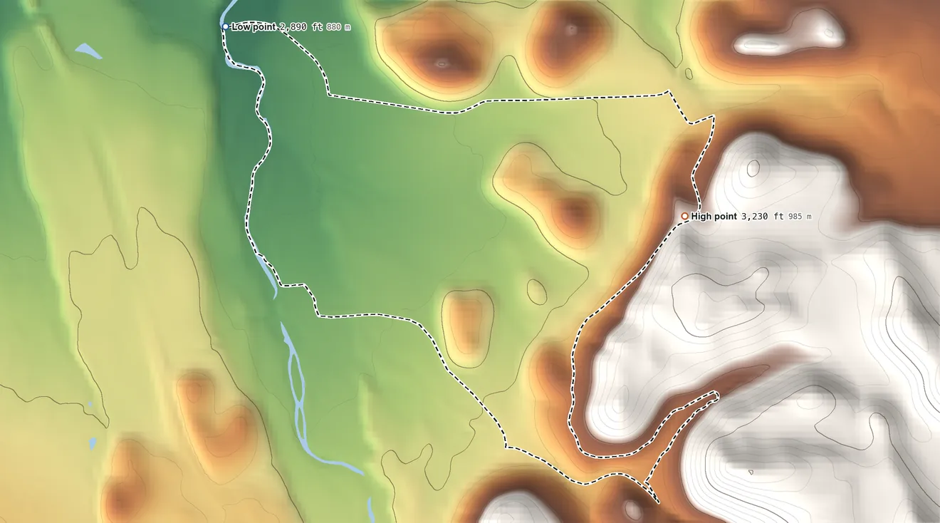 Topographic elevation map of Edgewood, California, shaded from 2,890 ft on the northwest side to 3,230 ft at the foot of The Eddys