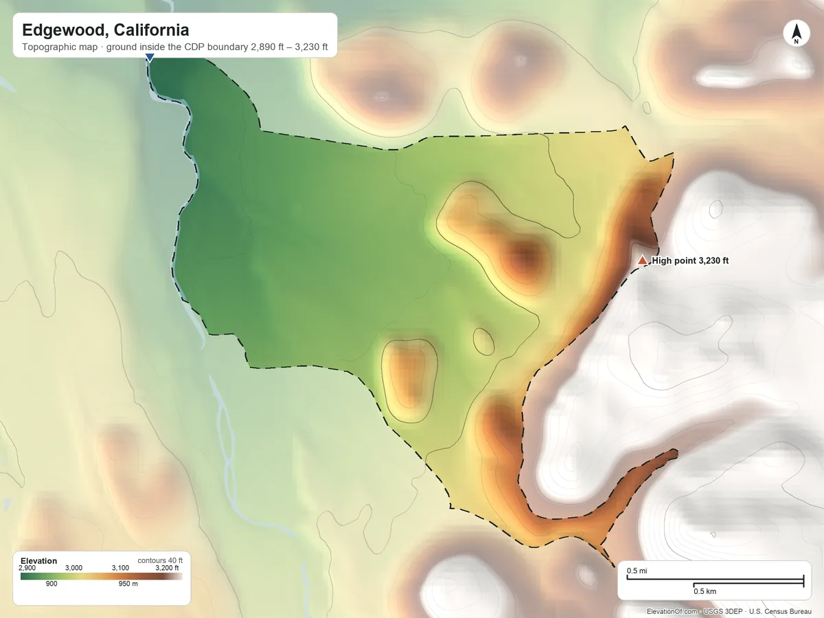 Topographic elevation map of Edgewood, California, shaded from 2,890 ft on the northwest side to 3,230 ft at the foot of The Eddys