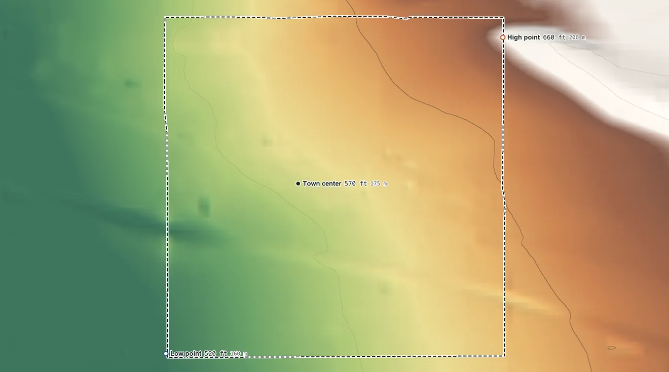 Topographic elevation map of Edison, California, shaded from 520 ft on the southwest side to 660 ft on the northeast side