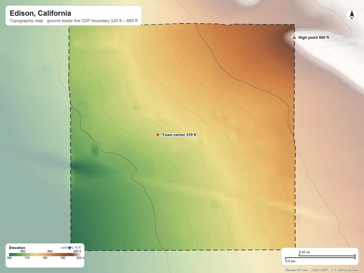 Topographic elevation map of Edison, California, shaded from 520 ft on the southwest side to 660 ft on the northeast side