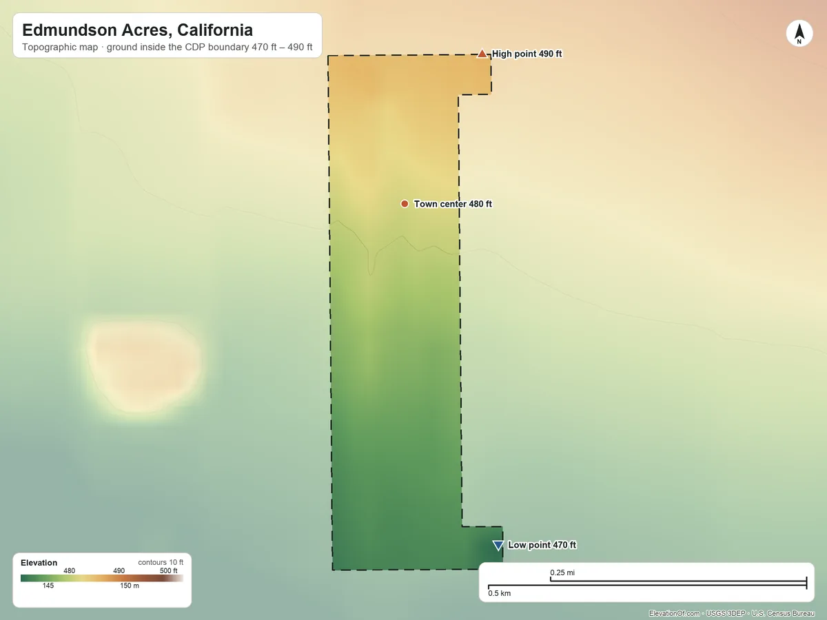 Topographic elevation map of Edmundson Acres, California, shaded from 470 ft on the south side to 490 ft on the northeast side