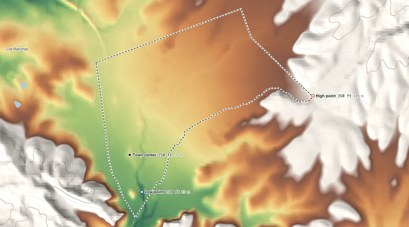 Topographic elevation map of Edna, California, shaded from 210 ft on the south side to 350 ft at the foot of the Irish Hills
