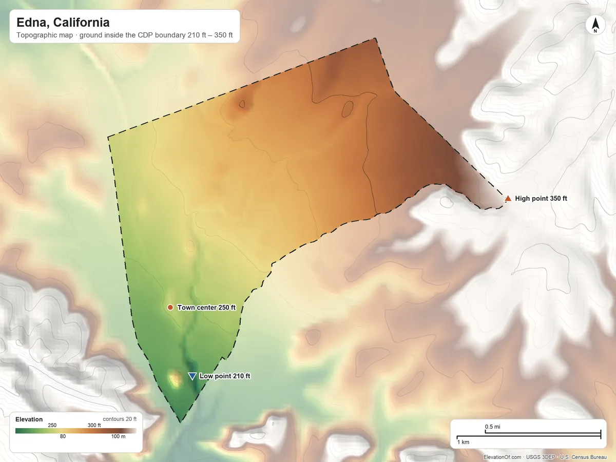 Topographic elevation map of Edna, California, shaded from 210 ft on the south side to 350 ft at the foot of the Irish Hills