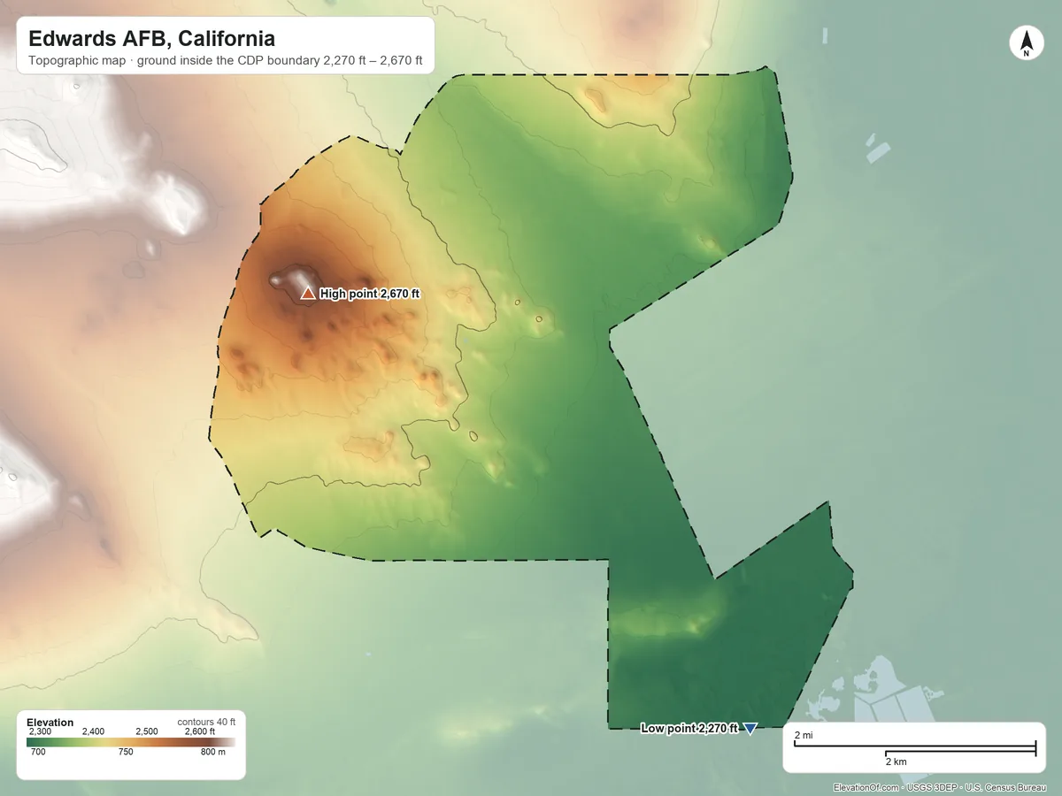Topographic elevation map of Edwards AFB, California, shaded from 2,270 ft on the southeast side to 2,670 ft on the southwest side