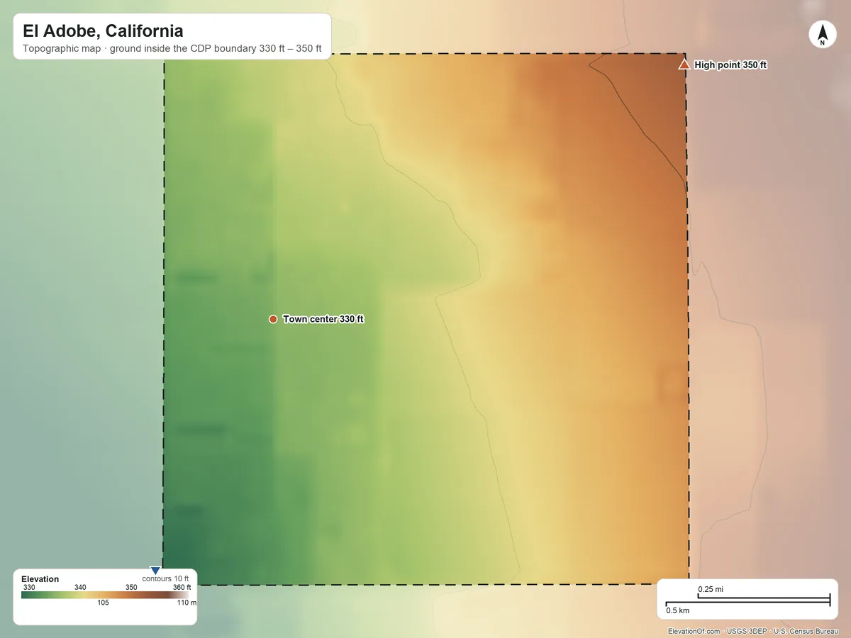 Topographic elevation map of El Adobe, California, shaded from 330 ft on the southwest side to 350 ft on the northeast side