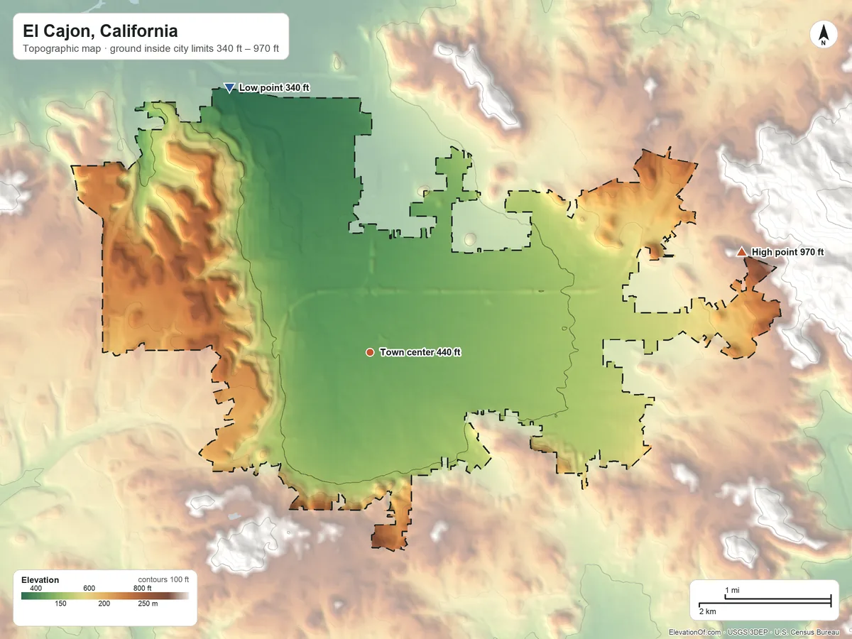 Topographic elevation map of El Cajon, California, shaded from 340 ft on the northwest side to 970 ft at the foot of the Fletcher Hills