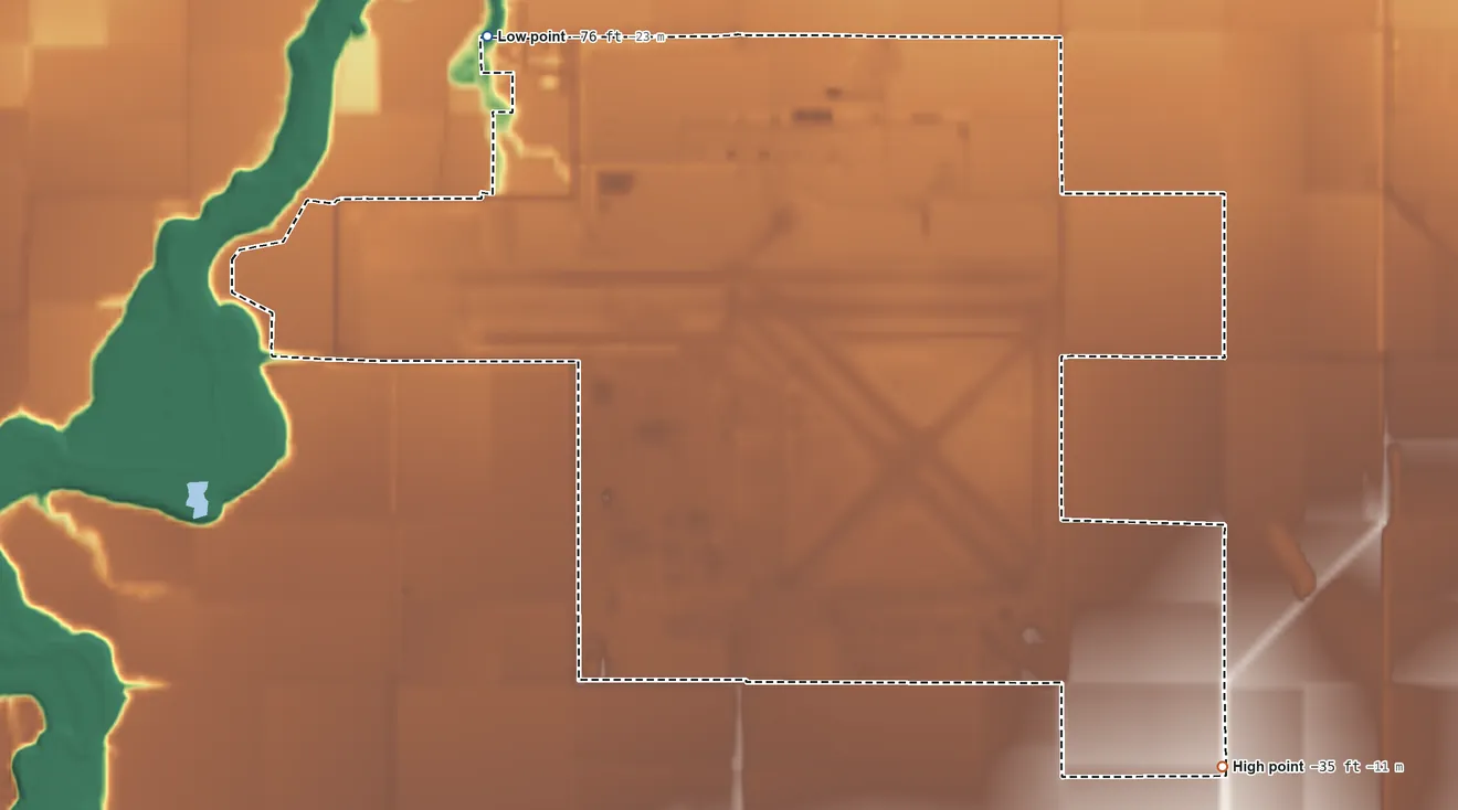 Topographic elevation map of El Centro Naval Air Facility, California, shaded from −76 ft on the north side to −35 ft on the southeast side