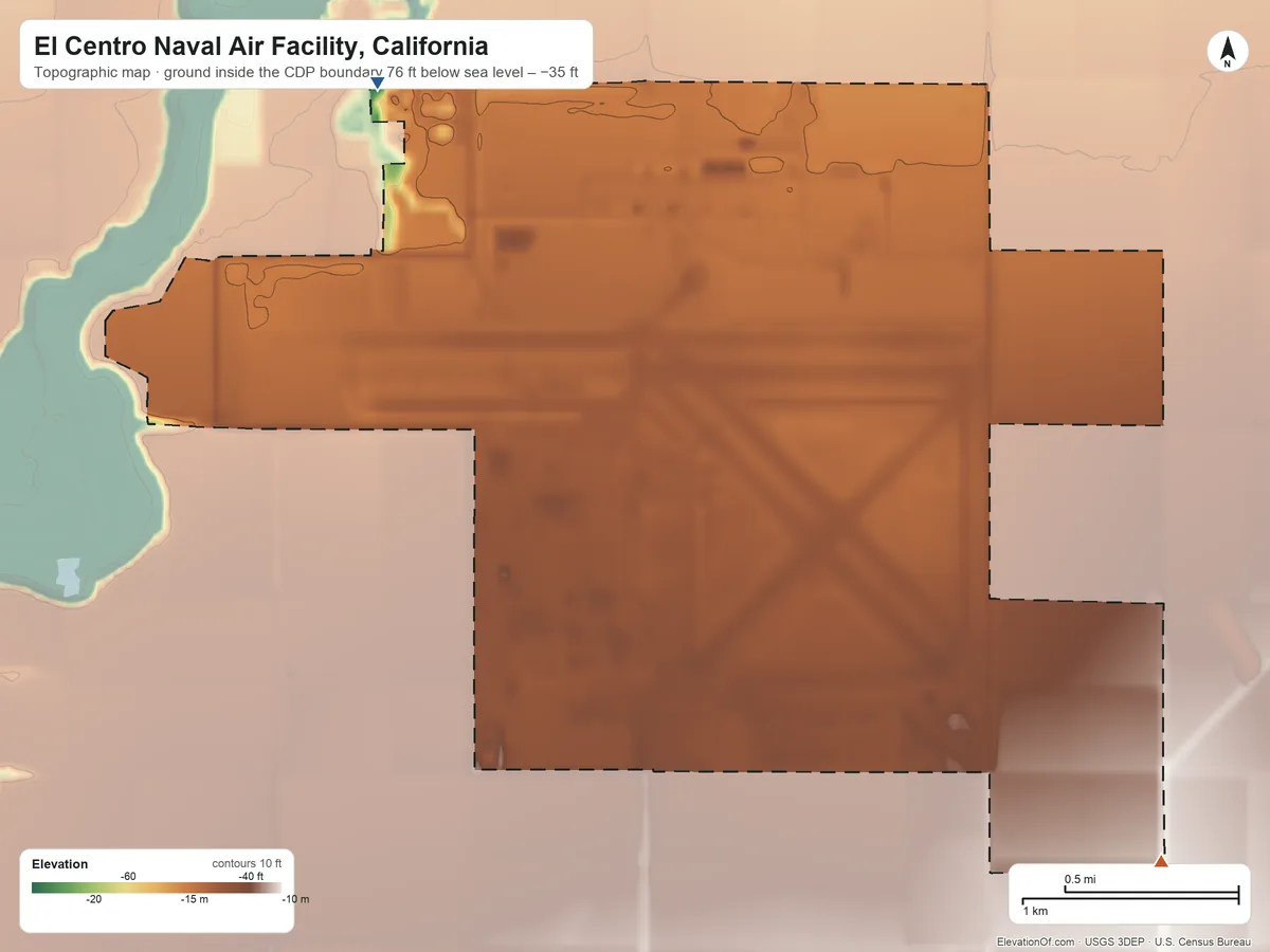 Topographic elevation map of El Centro Naval Air Facility, California, shaded from −76 ft on the north side to −35 ft on the southeast side