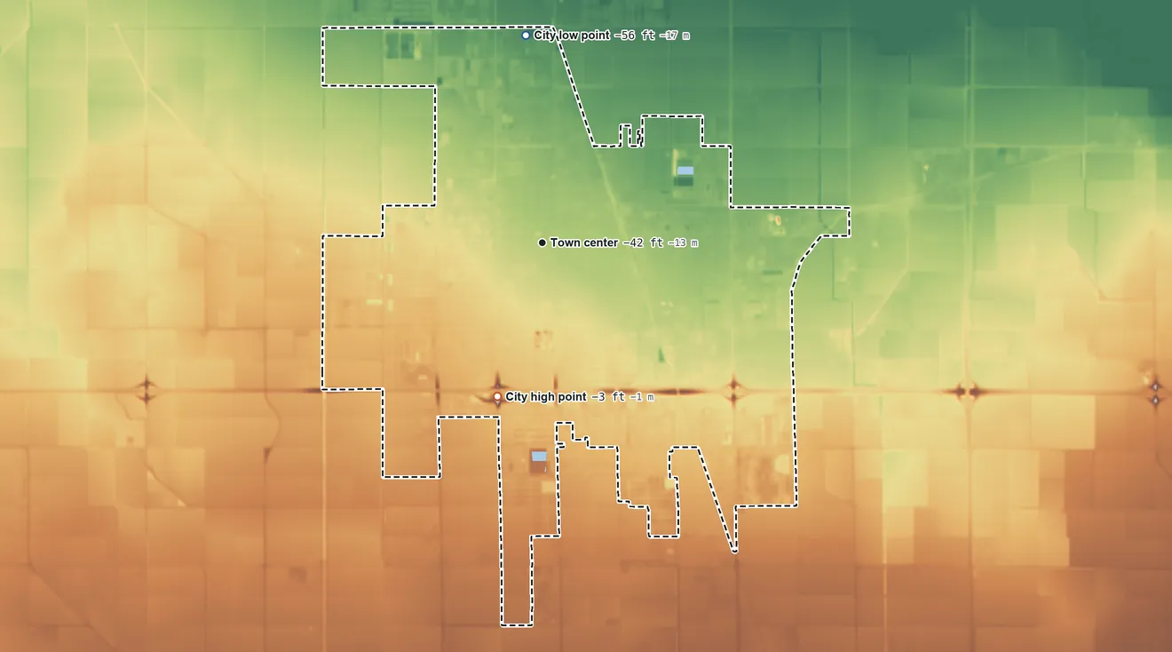 Topographic elevation map of El Centro, California, shaded from −56 ft on the north side to −3 ft on the south side