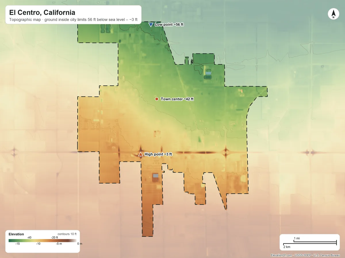Topographic elevation map of El Centro, California, shaded from −56 ft on the north side to −3 ft on the south side