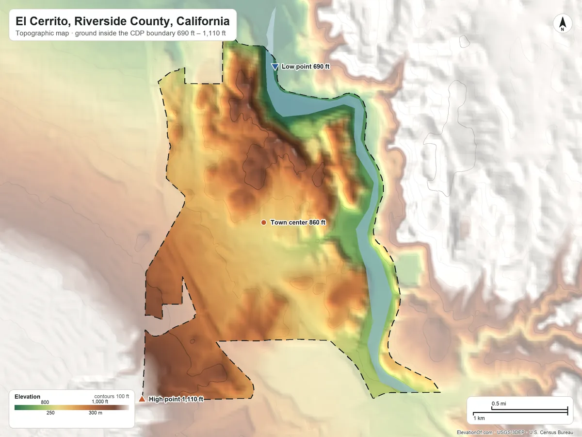 Topographic elevation map of El Cerrito, Riverside County, California, shaded from 690 ft on the north side to 1,110 ft at the foot of the Santa Ana Mountains