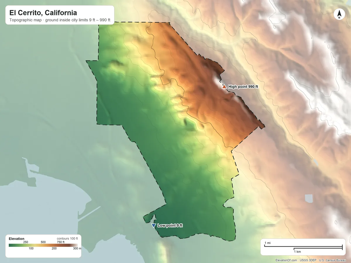 Topographic elevation map of El Cerrito, California, shaded from 9 ft on the south side to 990 ft on William Rust Summit