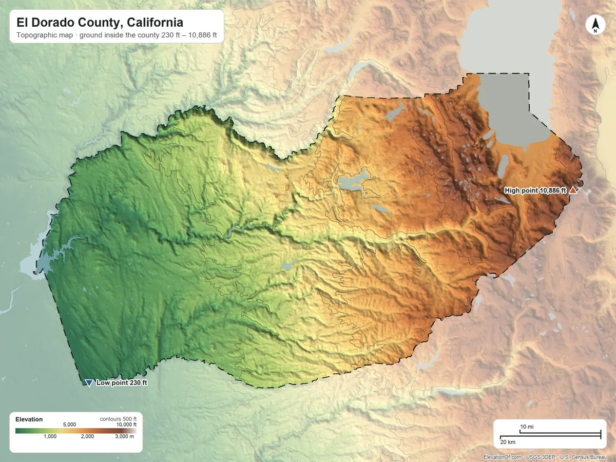 Topographic elevation map of El Dorado County, California, shaded from 230 ft on the southwest side to 10,886 ft on Freel Peak
