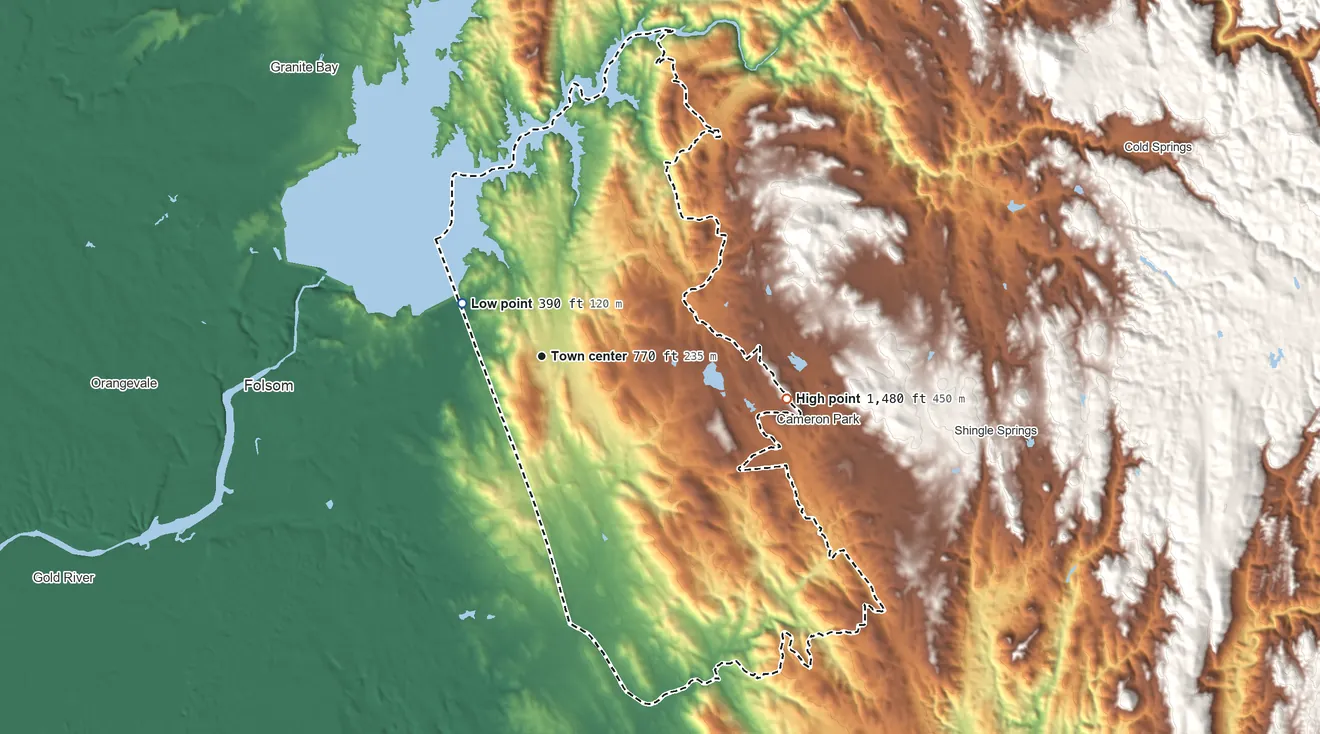 Topographic elevation map of El Dorado Hills, California, shaded from 390 ft on the northwest side to 1,480 ft on the east side