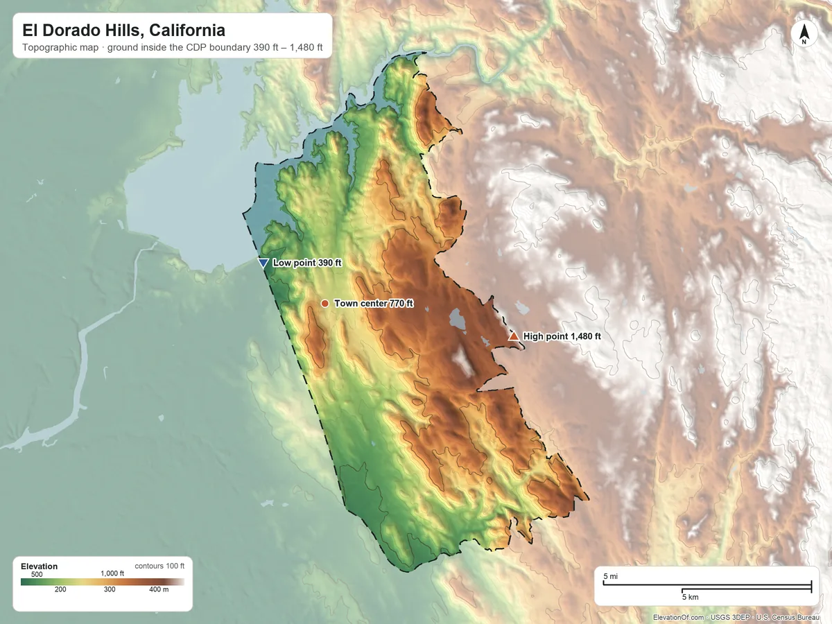 Topographic elevation map of El Dorado Hills, California, shaded from 390 ft on the northwest side to 1,480 ft on the east side