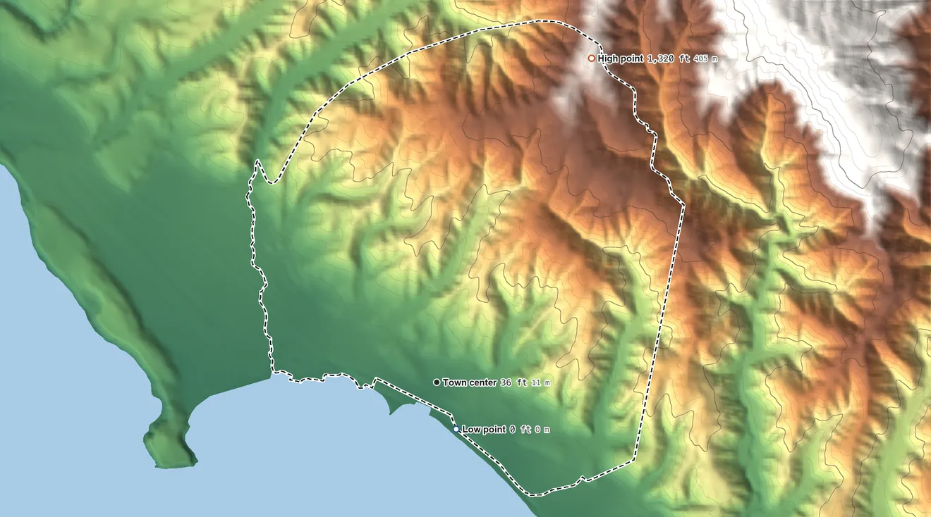 Topographic elevation map of El Granada, California, shaded from sea level level on the Pacific Ocean to 1,320 ft at the foot of the San Miguel Hills