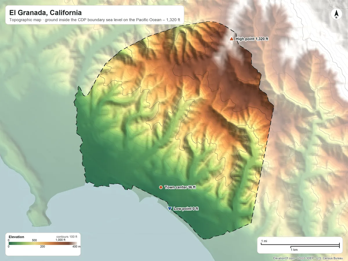 Topographic elevation map of El Granada, California, shaded from sea level level on the Pacific Ocean to 1,320 ft at the foot of the San Miguel Hills