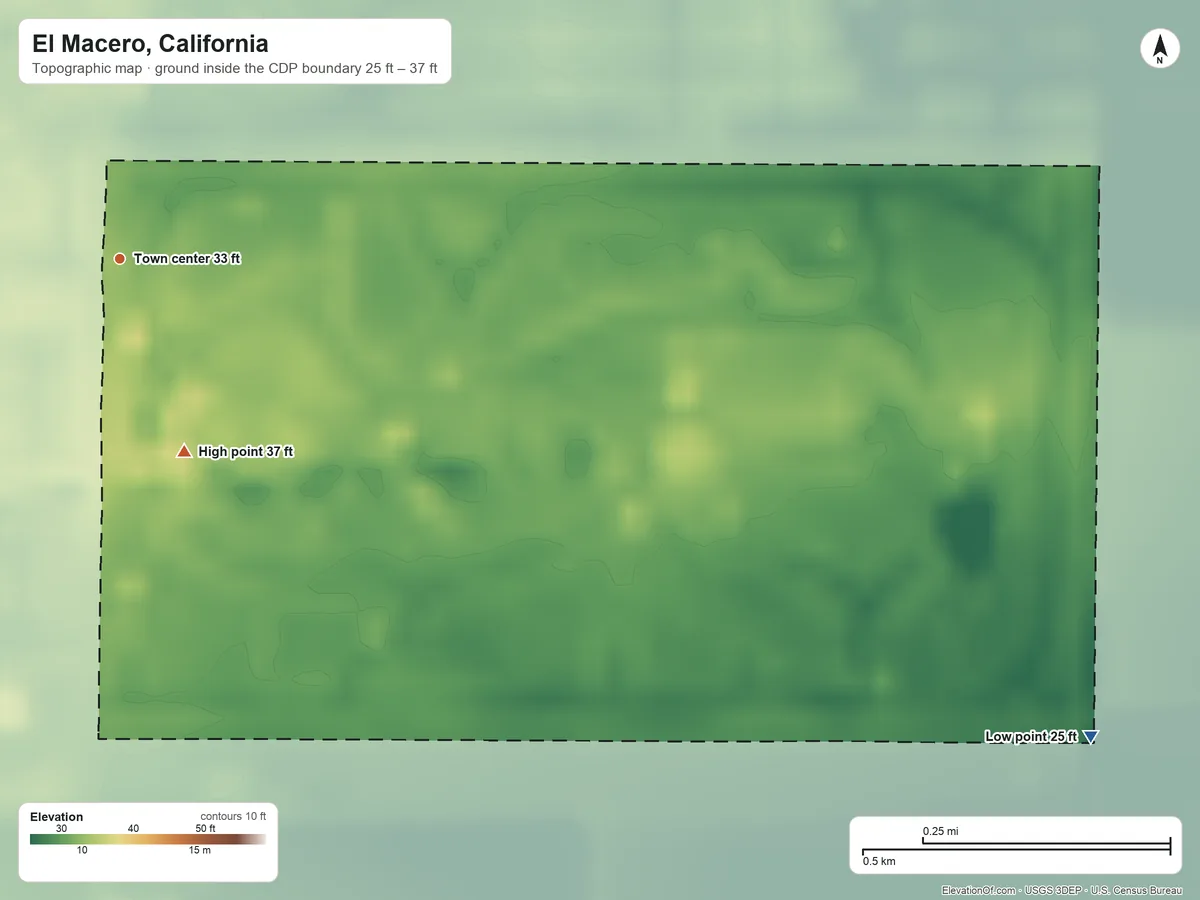 Topographic elevation map of El Macero, California, shaded from 25 ft on the southeast side to 37 ft on the south side