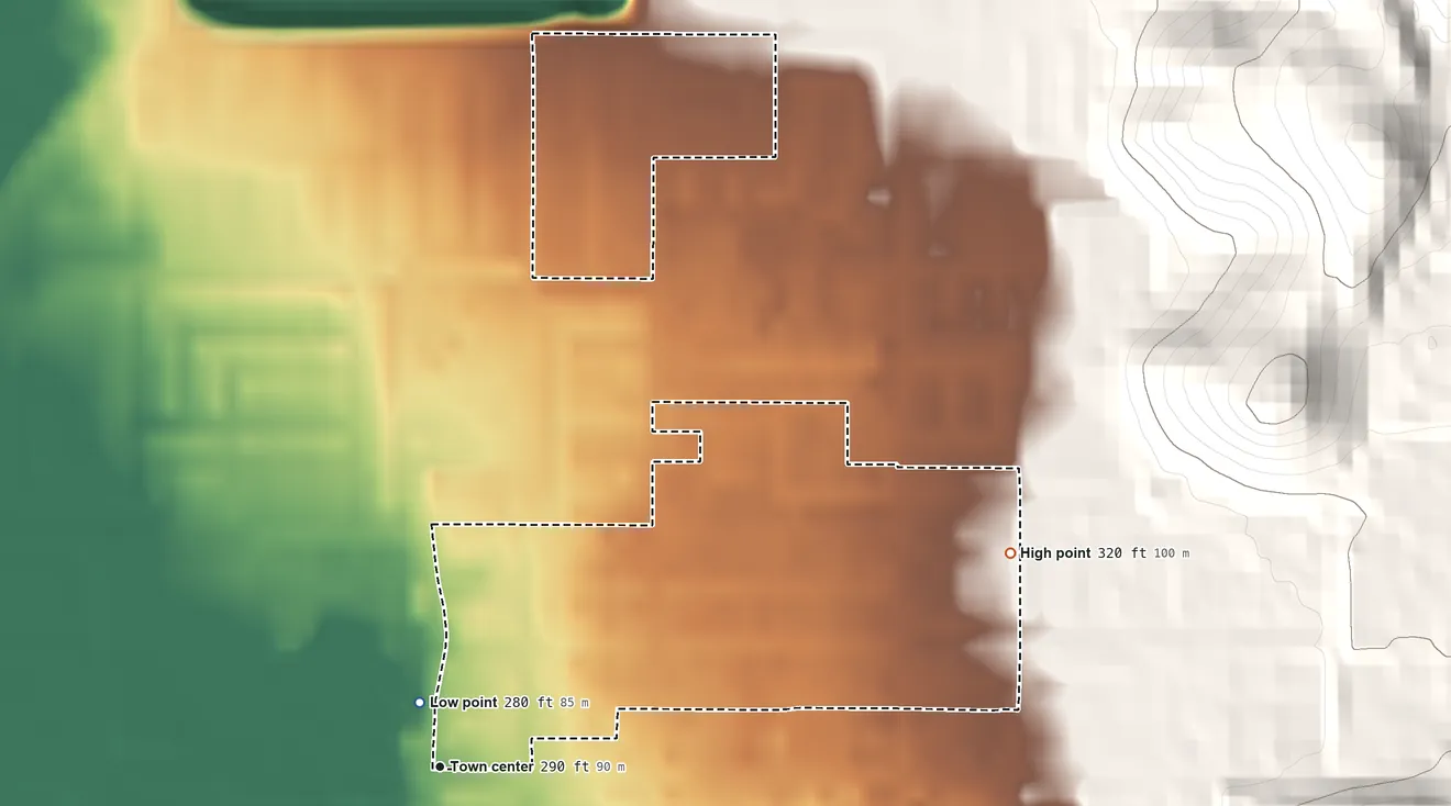 Topographic elevation map of El Modena, California, shaded from 280 ft near the middle to 320 ft at the foot of the Peralta Hills